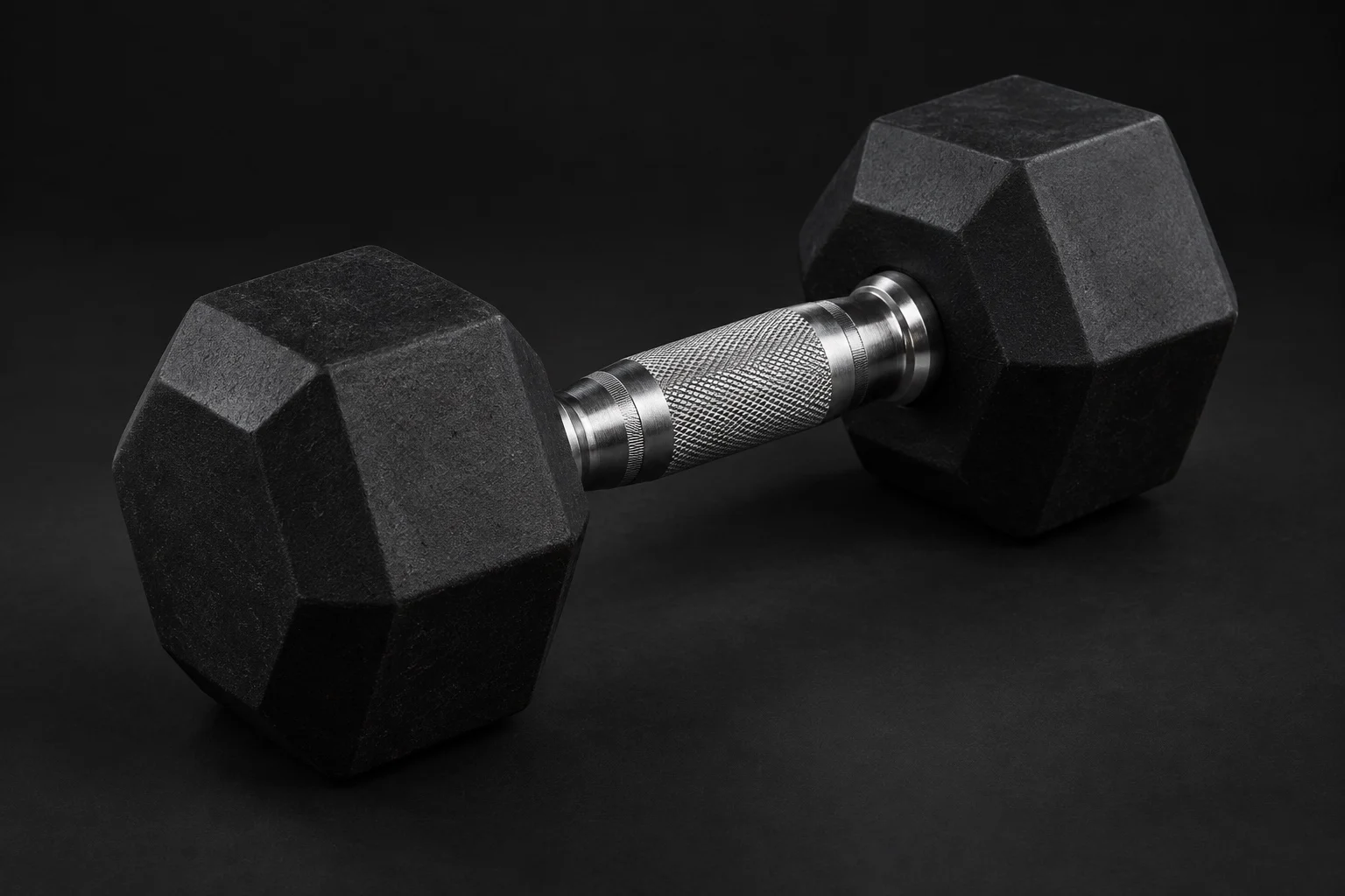 Hex dumbbell concept, showing its rubber heads and steel handle