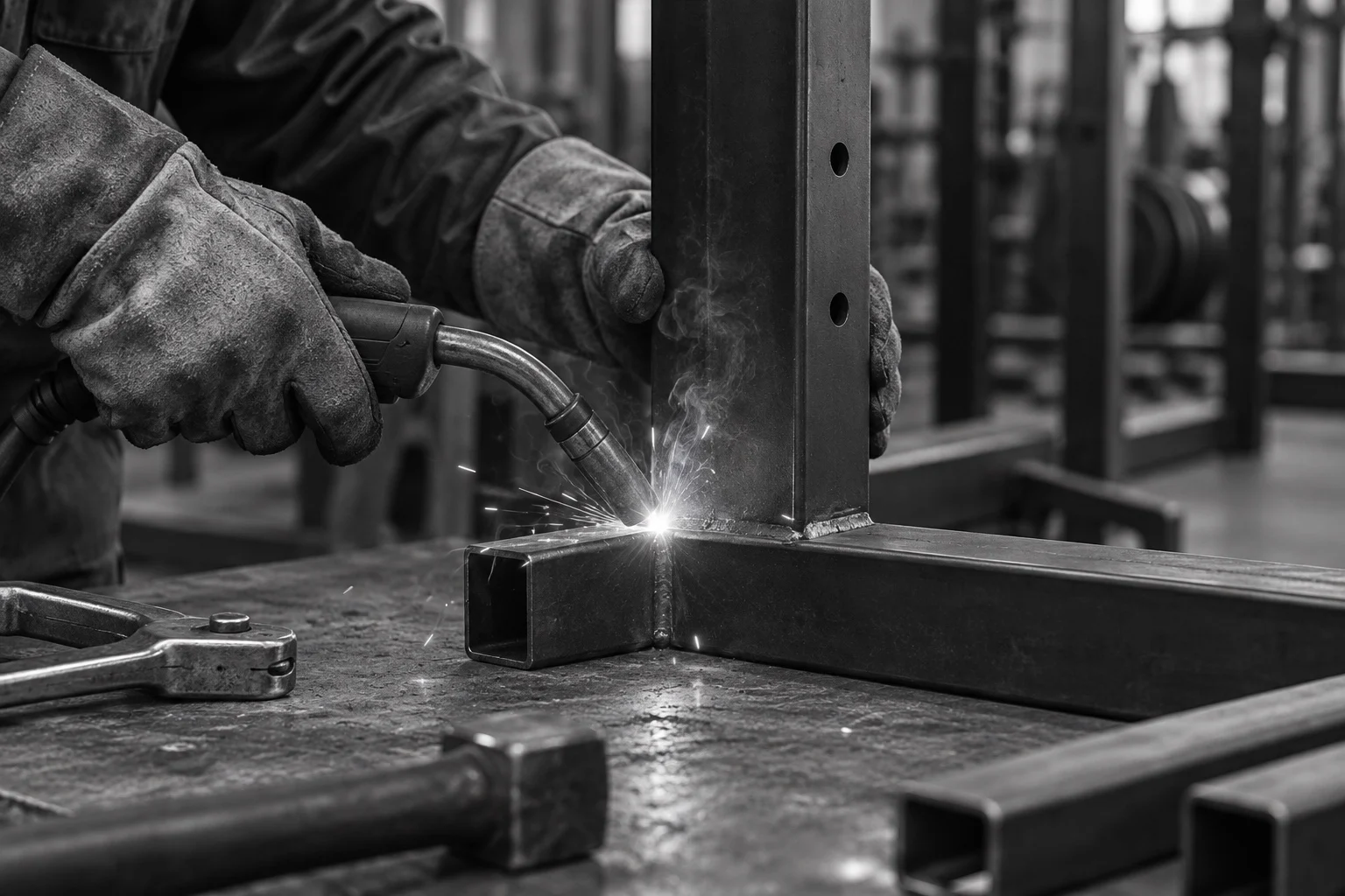 Unbranded concept steel frame being welded, with gloved hands and a bright weld