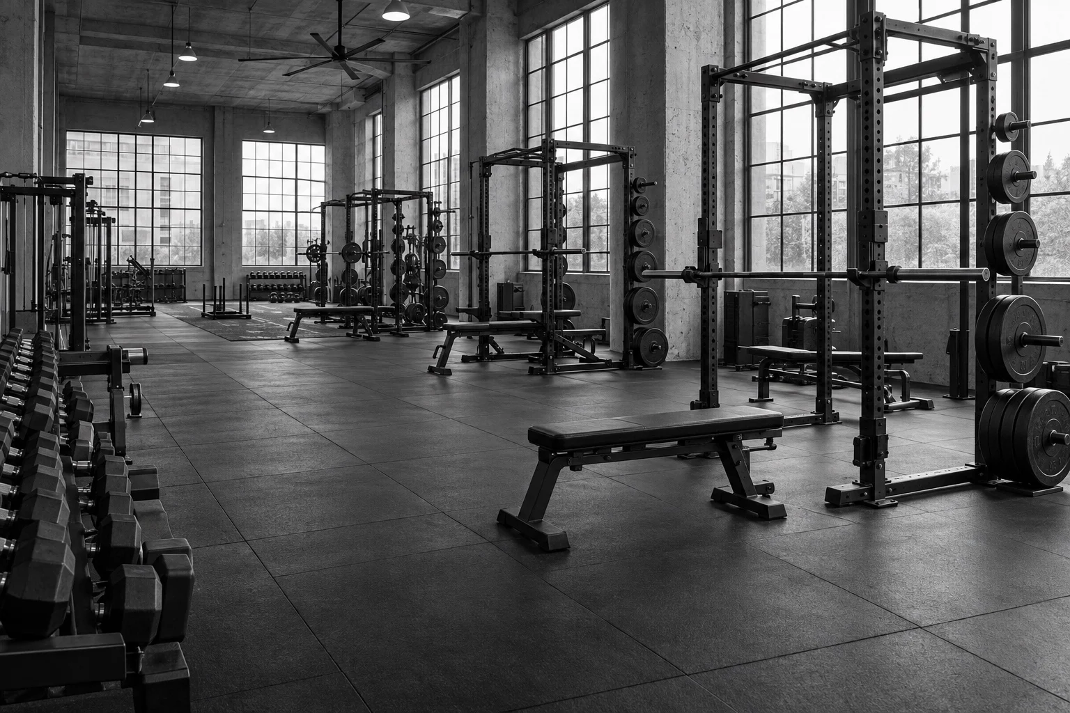 Concept commercial strength facility with power racks, benches and industrial windows